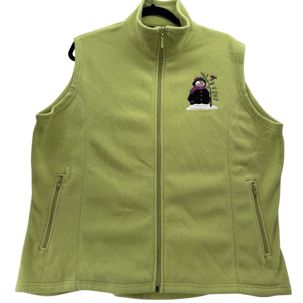 Tri-Mountain Women's XL Chartreuse‎ Green Fleece Vest Snowman Christmas Tree